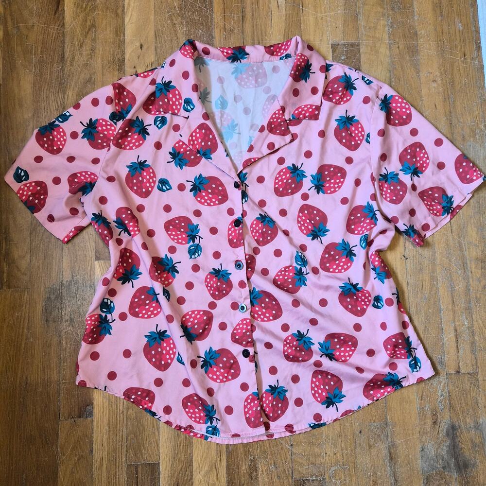 2XL ichigo strawberry fruit button up pink and red XXL summer collared shirt